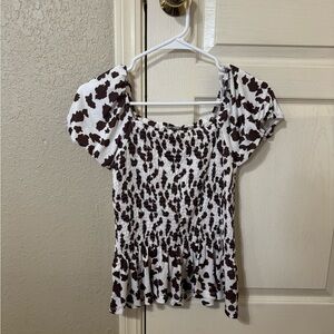Women's Brown and White Smocked Top